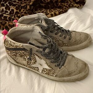 Golden Goose Gold Glitter Sneakers with Tan Accents